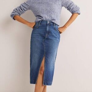 Boden Straight Denim Midi Jean Skirt Front Slit Size 8